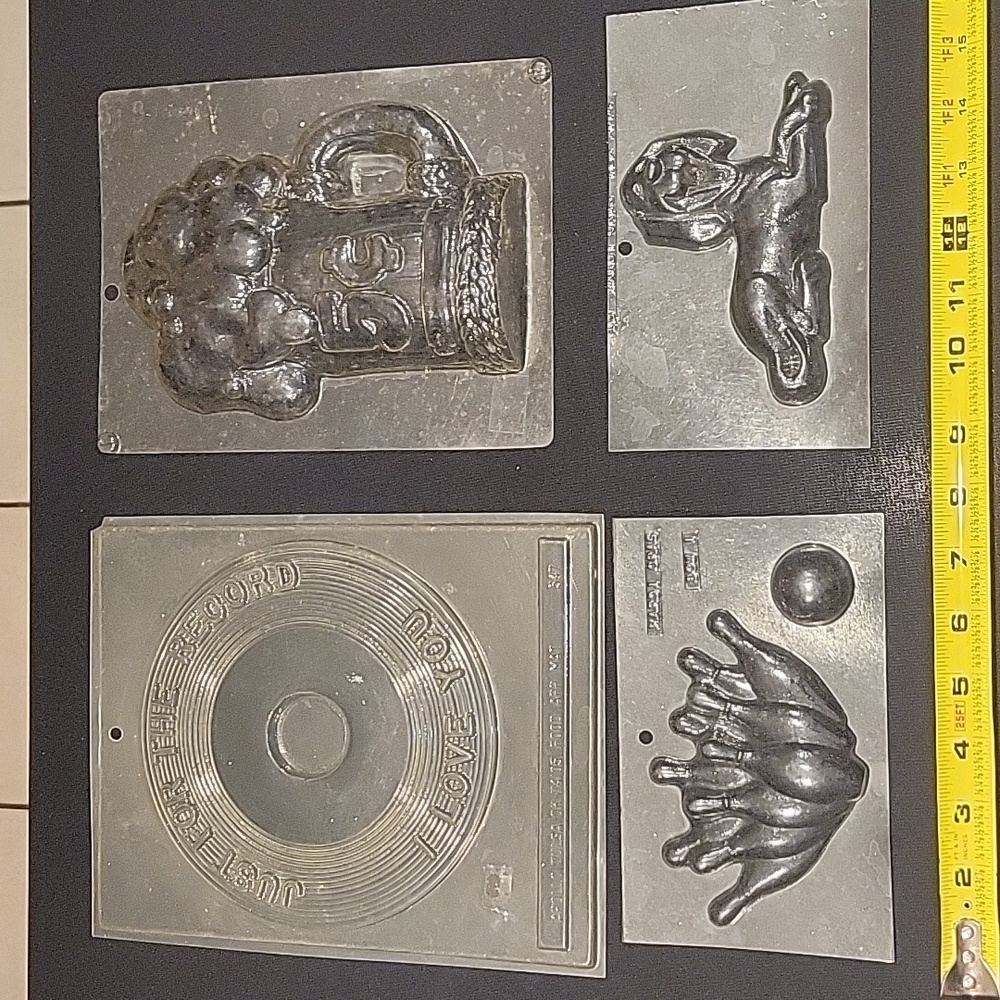 Easter 4 Plastic candy molds.  Beer mug, record, dog, and bowling.